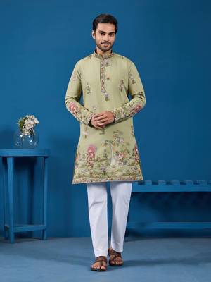 PISTA GREEN VISCOSE SILK THREAD & SEQUINS EMBROIDERED WORK FESTIVAL MARRIAGE FUNCTION PARTY WEAR STRAIGHT MENS KURTA 8