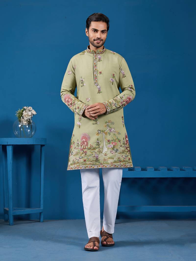 Pista green viscose silk thread & sequins embroidered work festival marriage function party wear straight mens kurta