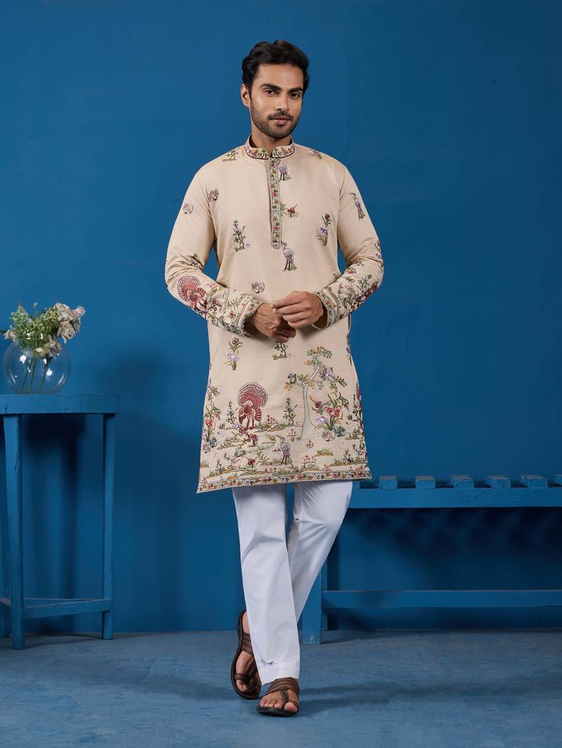 Beige viscose silk thread & sequins embroidered work wedding festival marriage function party wear straight mens kurta