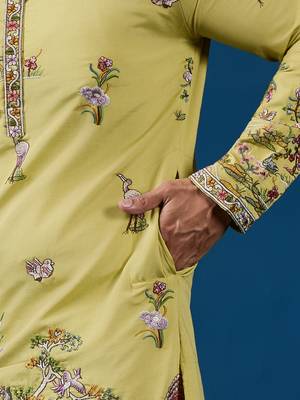 YELLOW VISCOSE SILK THREAD & SEQUINS EMBROIDERED WORK WEDDING FESTIVAL MARRIAGE FUNCTION PARTY WEAR STRAIGHT MENS KURTA 8