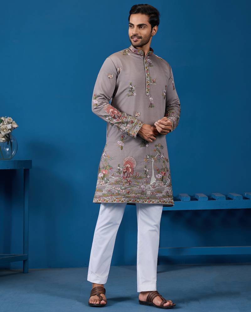 Grey viscose silk thread & sequins embroidered work wedding festival marriage function party wear straight mens kurta
