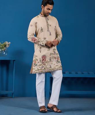BEIGE VISCOSE SILK THREAD & SEQUINS EMBROIDERED WORK WEDDING FESTIVAL MARRIAGE FUNCTION PARTY WEAR STRAIGHT MENS KURTA 9