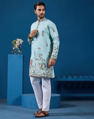 SKY BLUE VISCOSE SILK THREAD & SEQUINS EMBROIDERED WORK FESTIVAL MARRIAGE FUNCTION PARTY WEAR STRAIGHT MENS KURTA 9
