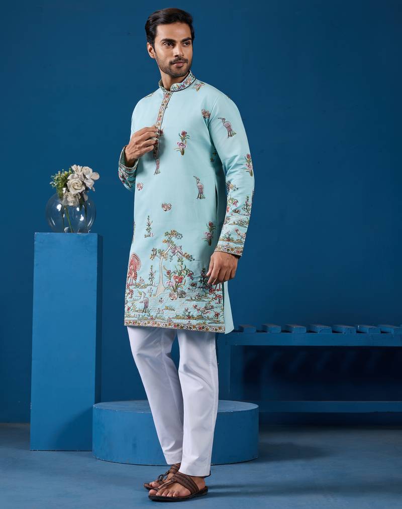 Sky blue viscose silk thread & sequins embroidered work festival marriage function party wear straight mens kurta
