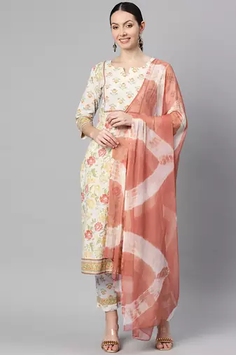 Women cotton off white floral print straight kurta, trouser with dupatta set