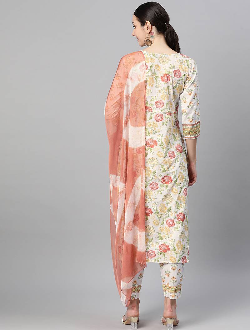 Women cotton off white floral print straight kurta, trouser with dupatta set
