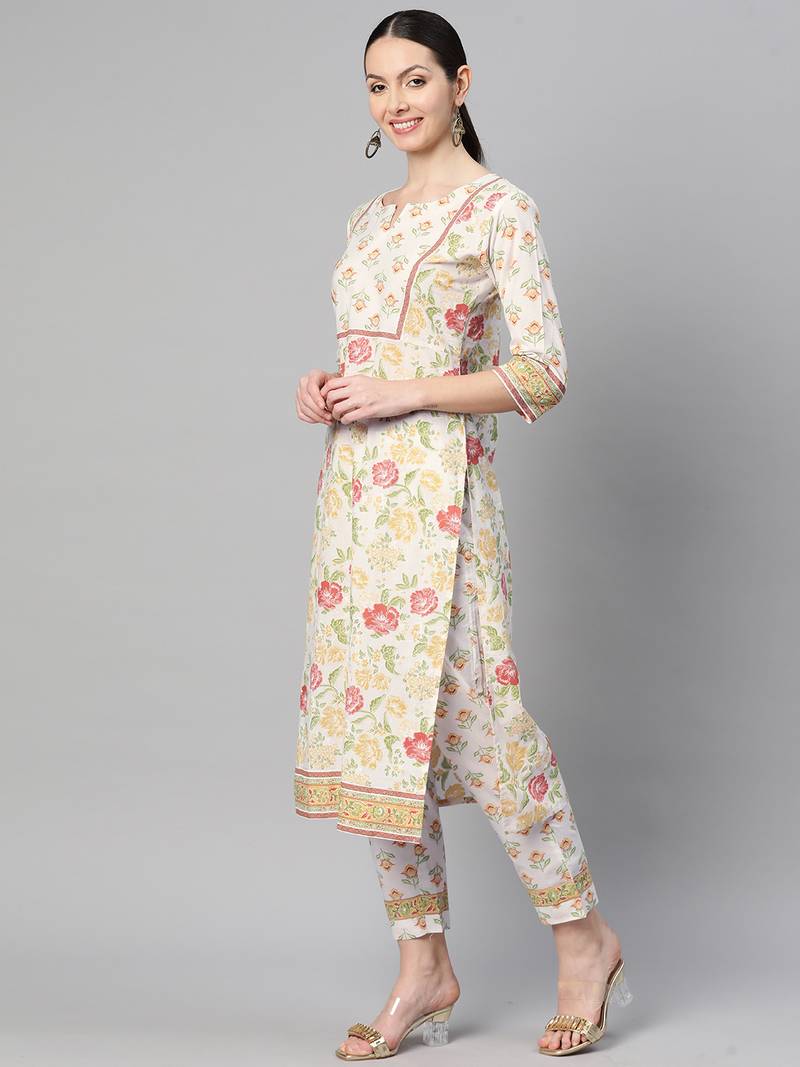 Women cotton off white floral print straight kurta, trouser with dupatta set