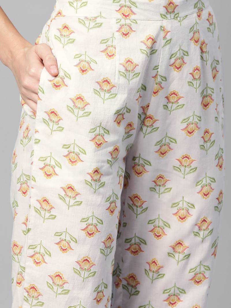 Women cotton off white floral print straight kurta, trouser with dupatta set