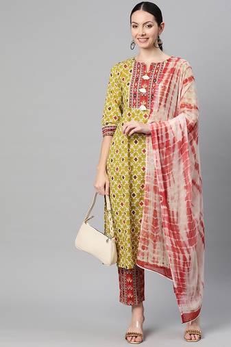 Women cotton pista green floral print straight kurta, trouser with dupatta set
