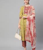 Women cotton pista green floral print straight kurta, trouser with dupatta set