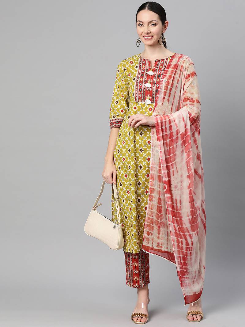 Women cotton pista green floral print straight kurta, trouser with dupatta set