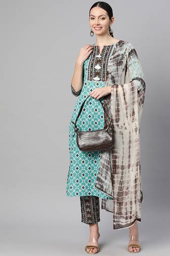 Women cotton teal brown floral print straight kurta, trouser with dupatta set