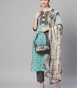 Women cotton teal brown floral print straight kurta, trouser with dupatta set