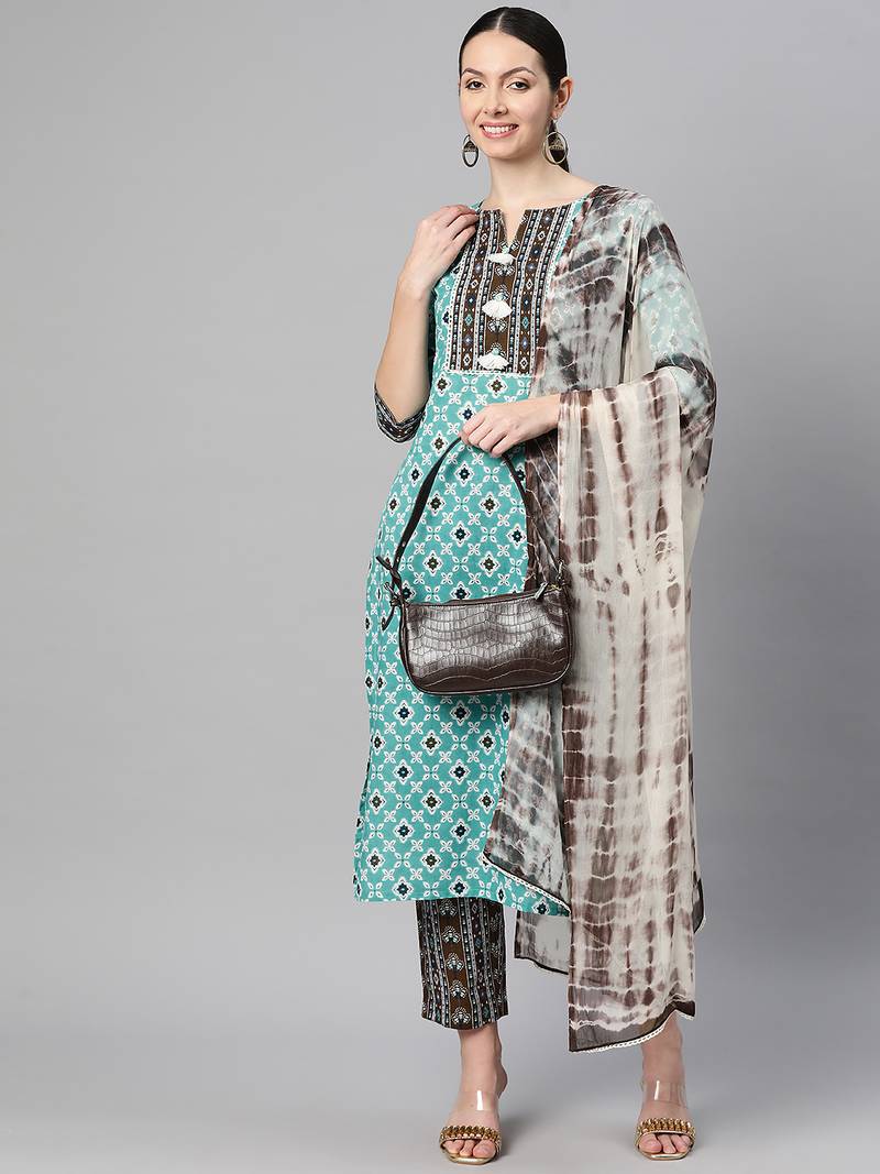 Women cotton teal brown floral print straight kurta, trouser with dupatta set