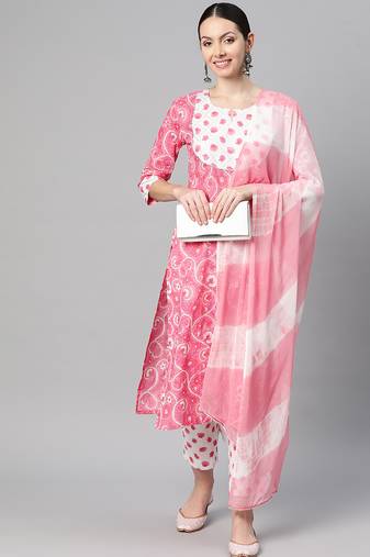 Women cotton pink white floral print straight kurta, trouser with dupatta set