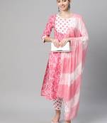 Women cotton pink white floral print straight kurta, trouser with dupatta set