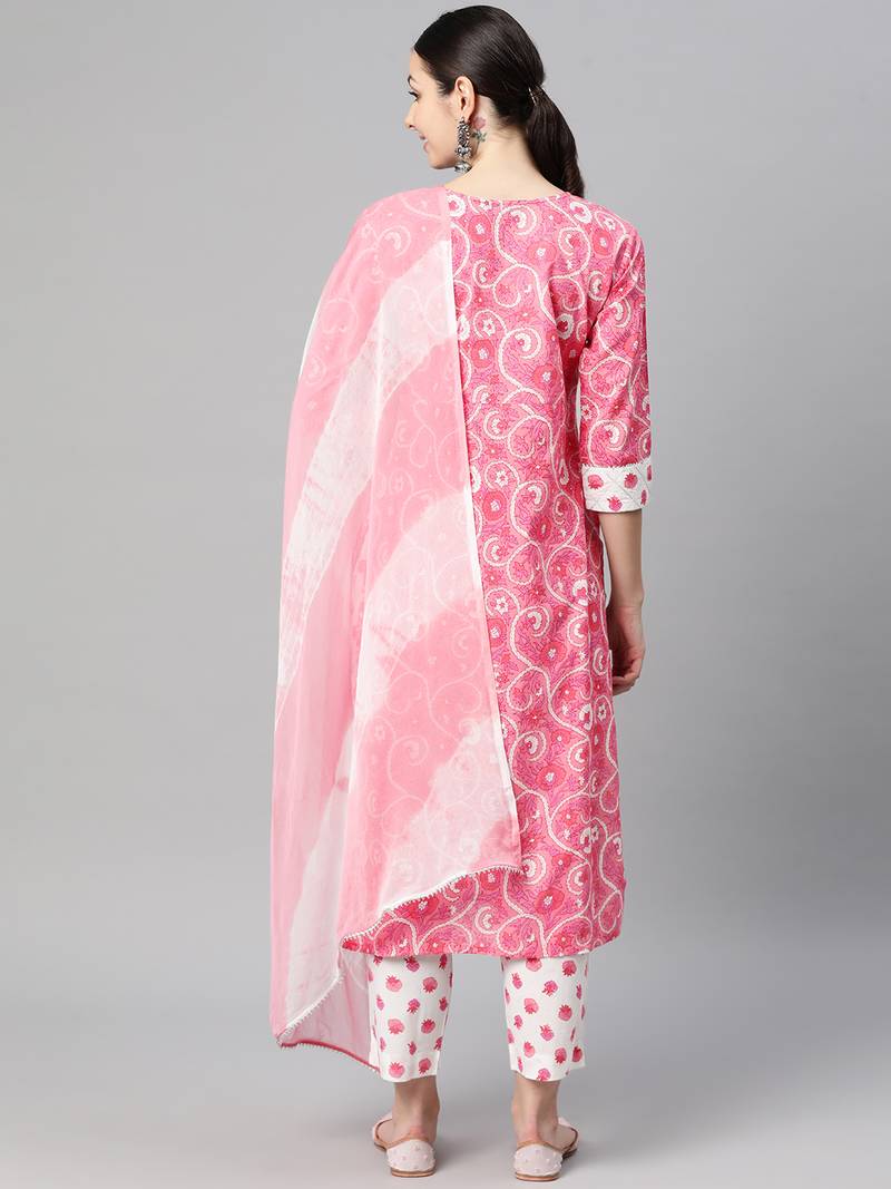 Women cotton pink white floral print straight kurta, trouser with dupatta set