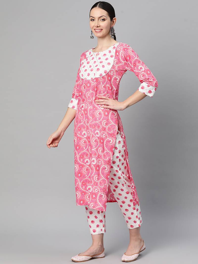 Women cotton pink white floral print straight kurta, trouser with dupatta set