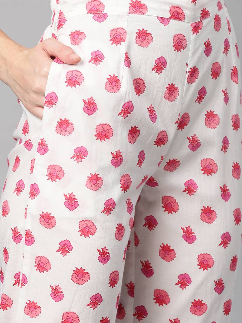 Women cotton pink white floral print straight kurta, trouser with dupatta set