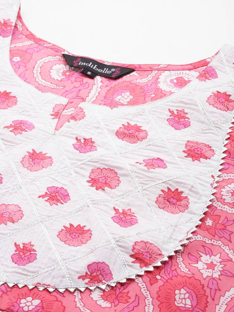 Women cotton pink white floral print straight kurta, trouser with dupatta set