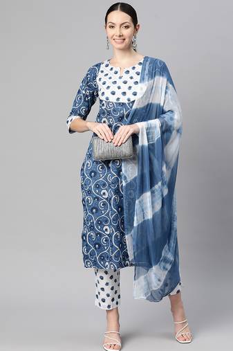 Women cotton blue white floral print straight kurta, trouser with dupatta set