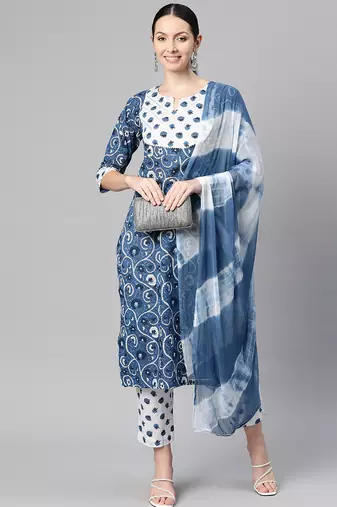 Women cotton blue white floral print straight kurta, trouser with dupatta set