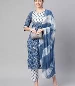 Women cotton blue white floral print straight kurta, trouser with dupatta set