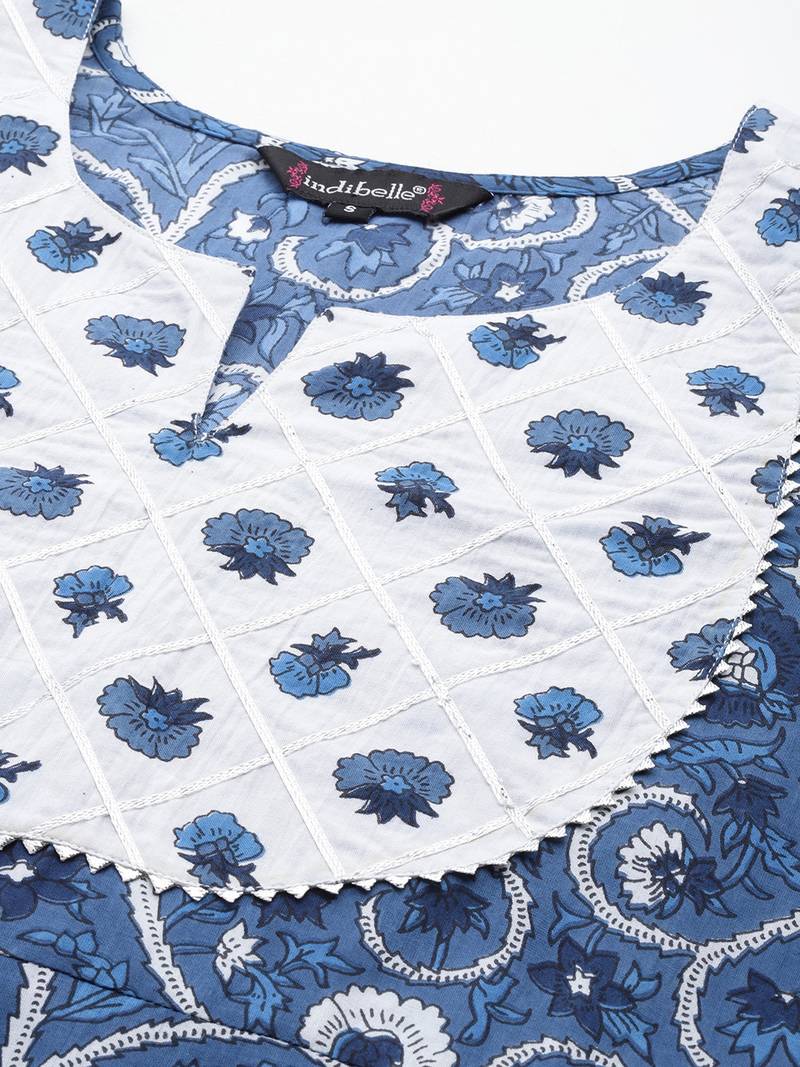 Women cotton blue white floral print straight kurta, trouser with dupatta set