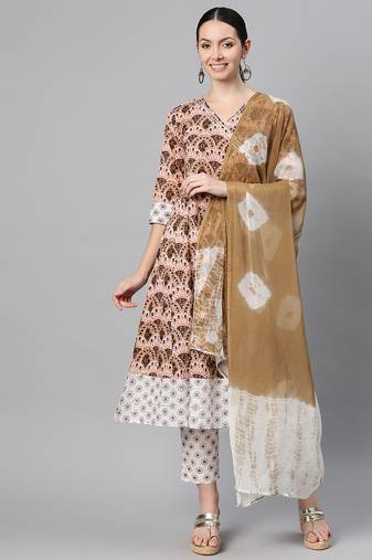 Women cotton brown white floral print a-line kurta, trouser with dupatta set