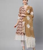 Women cotton brown white floral print a-line kurta, trouser with dupatta set