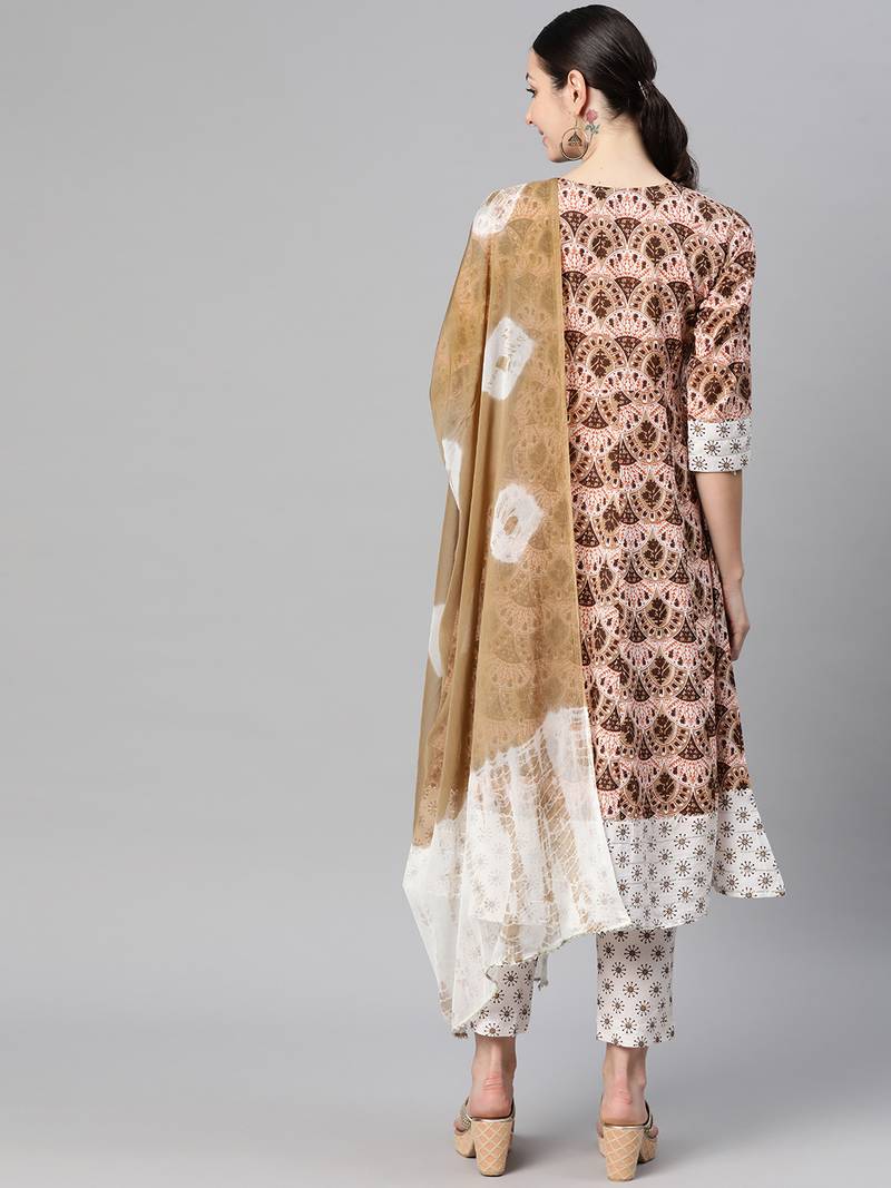 Women cotton brown white floral print a-line kurta, trouser with dupatta set