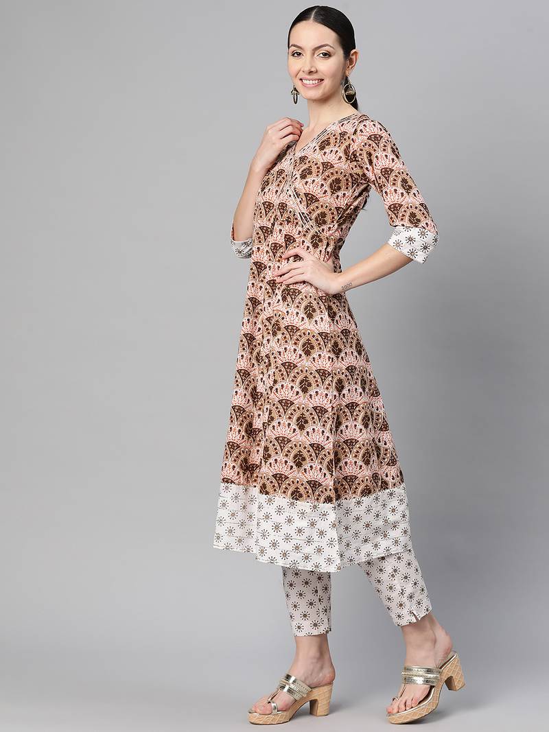 Women cotton brown white floral print a-line kurta, trouser with dupatta set