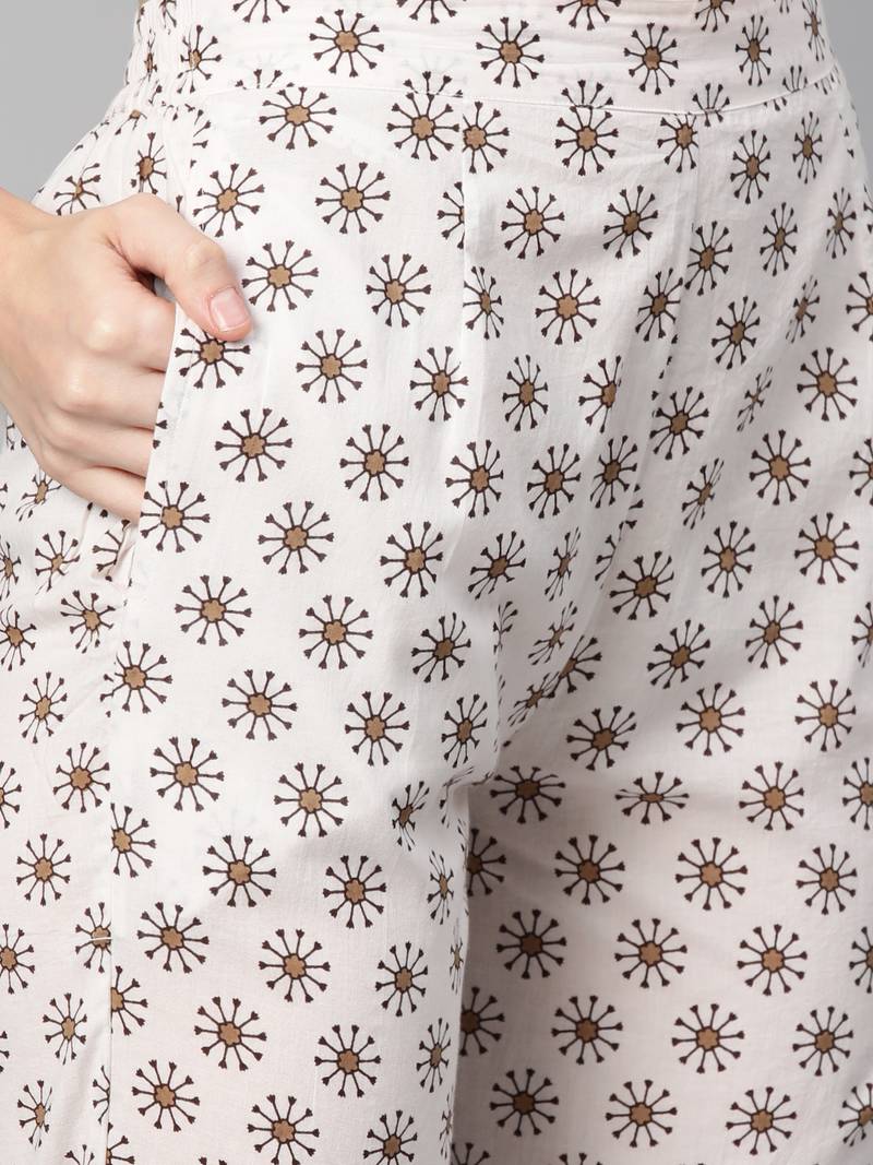 Women cotton brown white floral print a-line kurta, trouser with dupatta set