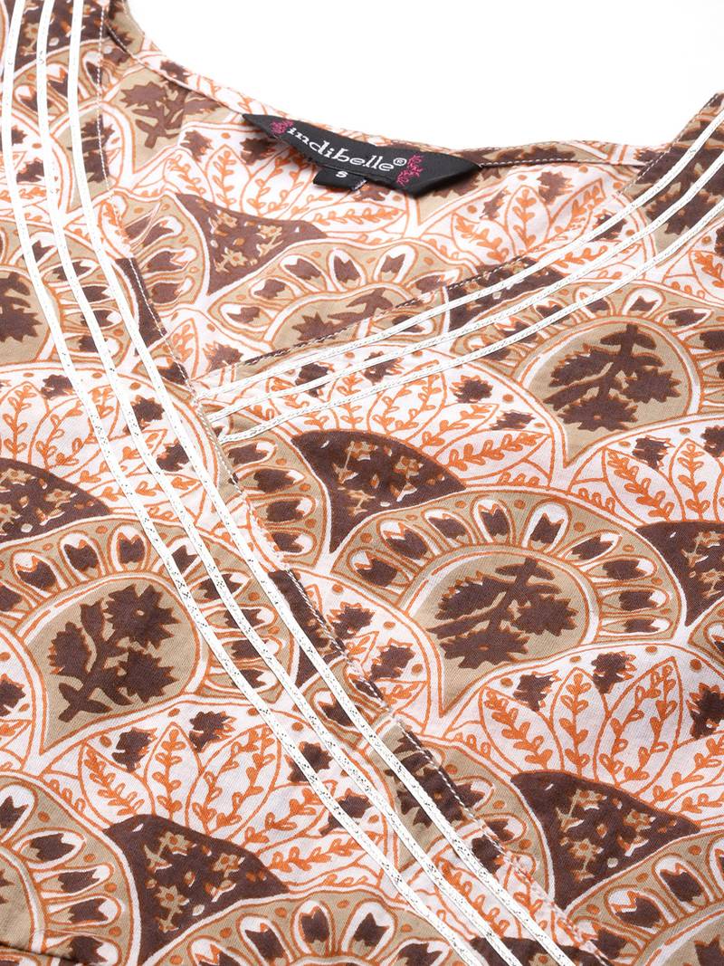 Women cotton brown white floral print a-line kurta, trouser with dupatta set