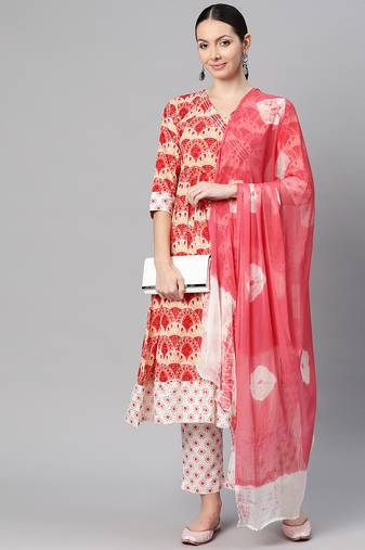 Women cotton peach off white floral print a-line kurta, trouser with dupatta set