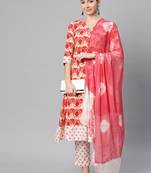 Women cotton peach off white floral print a-line kurta, trouser with dupatta set