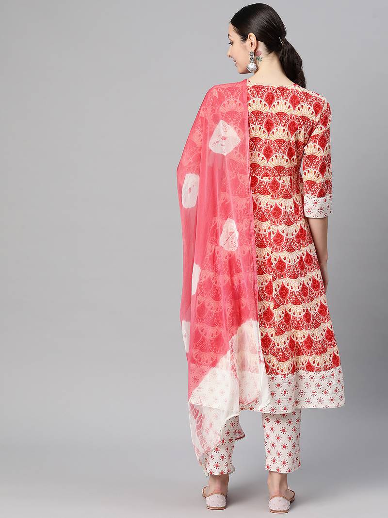 Women cotton peach off white floral print a-line kurta, trouser with dupatta set