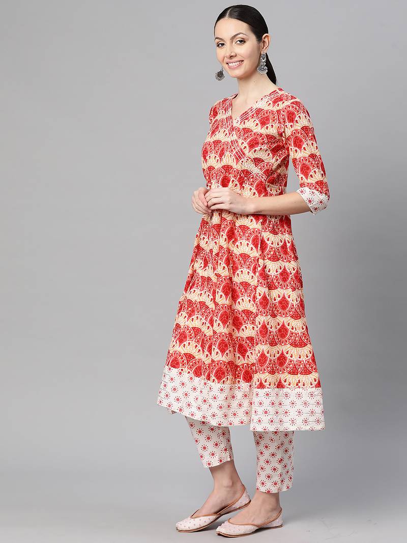 Women cotton peach off white floral print a-line kurta, trouser with dupatta set