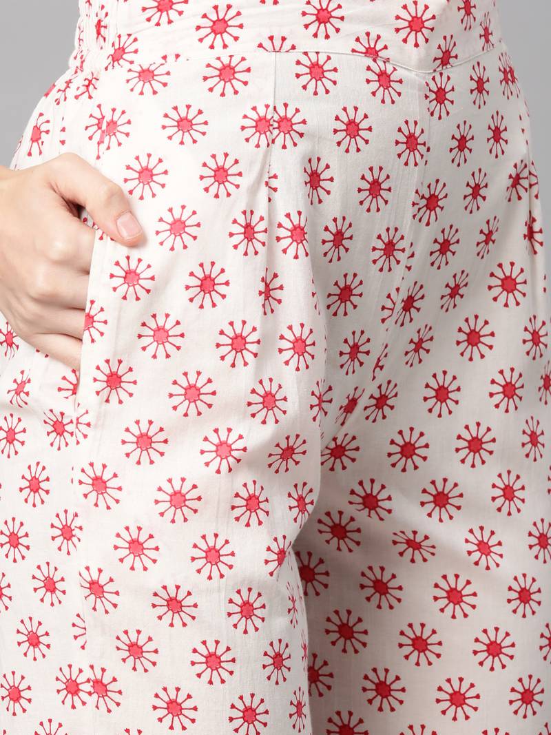 Women cotton peach off white floral print a-line kurta, trouser with dupatta set