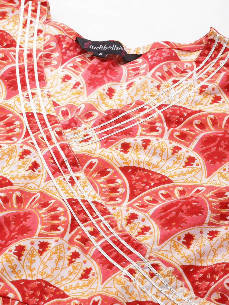 Women cotton peach off white floral print a-line kurta, trouser with dupatta set