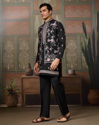 BLACK SILK PREMIUM THREAD & SEQUINS EMBROIDERED WORK WEDDING FESTIVAL PARTY WEAR STRAIGHT KURTA WITH JACKE AND PANT 7