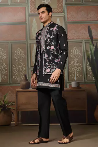 BLACK SILK PREMIUM THREAD & SEQUINS EMBROIDERED WORK WEDDING FESTIVAL PARTY WEAR STRAIGHT KURTA WITH JACKE AND PANT