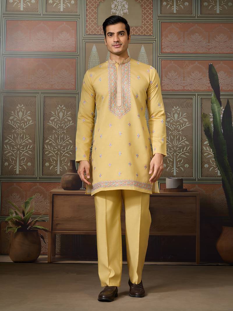 Yellow silk premium thread & sequins embroidered work wedding festival party wear straight kurta with jacke and pant