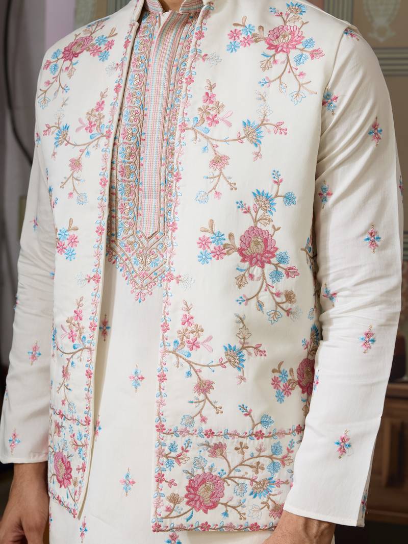 WHITE SILK PREMIUM THREAD & SEQUINS EMBROIDERED WORK WEDDING FESTIVAL PARTY WEAR STRAIGHT KURTA WITH JACKE AND PANT