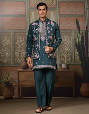 GREEN SILK PREMIUM THREAD & SEQUINS EMBROIDERED WORK WEDDING FESTIVAL PARTY WEAR STRAIGHT KURTA WITH JACKE AND PANT 8