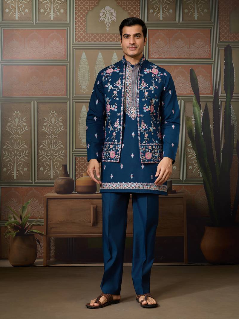 Teal blue silk premium thread & sequins embroidered work wedding festival party wear straight kurta with jacke and pant