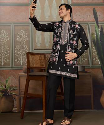 BLACK SILK PREMIUM THREAD & SEQUINS EMBROIDERED WORK WEDDING FESTIVAL PARTY WEAR STRAIGHT KURTA WITH JACKE AND PANT 8
