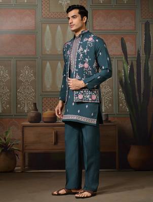 GREEN SILK PREMIUM THREAD & SEQUINS EMBROIDERED WORK WEDDING FESTIVAL PARTY WEAR STRAIGHT KURTA WITH JACKE AND PANT 9