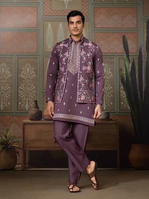 DUSTY PURPLE SILK PREMIUM THREAD & SEQUINS EMBROIDERED WORK FESTIVAL PARTY WEAR STRAIGHT KURTA WITH JACKE AND PANT 7