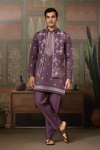 DUSTY PURPLE SILK PREMIUM THREAD & SEQUINS EMBROIDERED WORK FESTIVAL PARTY WEAR STRAIGHT KURTA WITH JACKE AND PANT